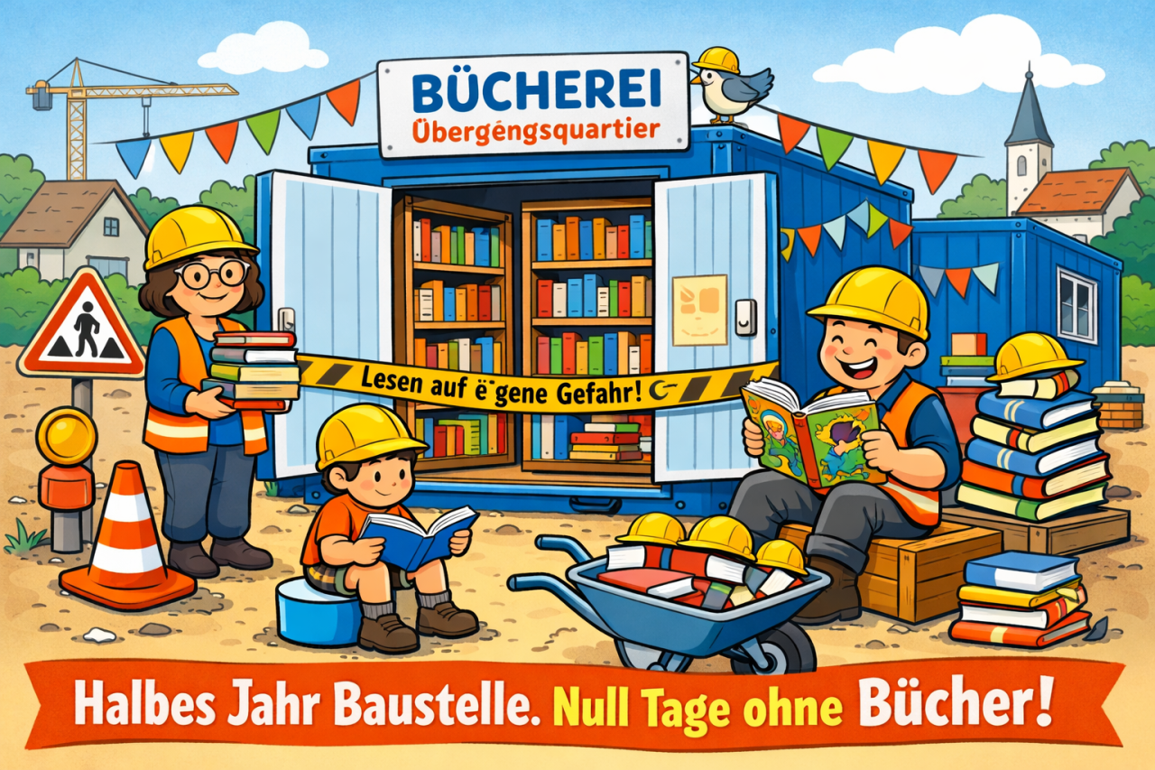 Kinder mit Bauhelmen lesen vor Baucontainern