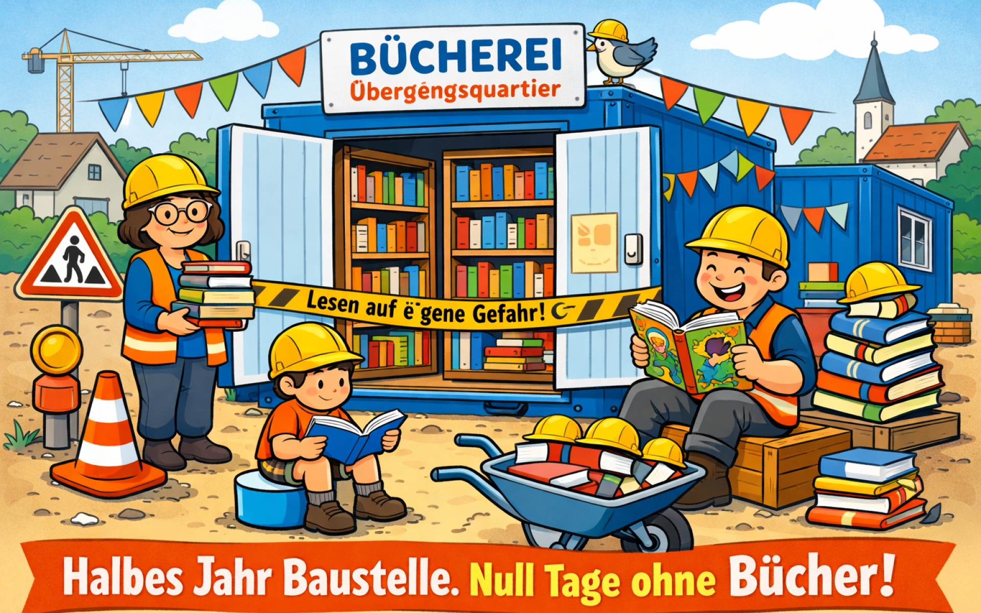 Kinder mit Bauhelmen lesen vor Baucontainern