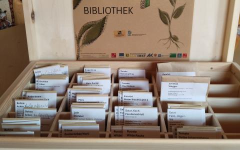 Eine Holzkiste mit Samentütchen